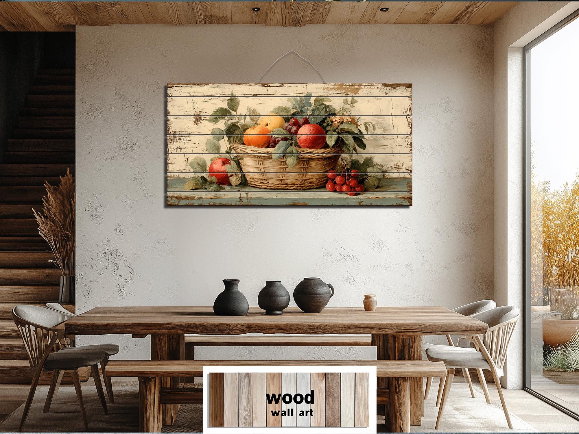 Rustic Fruit Basket Painting on Distressed Wood Farmhouse Kitchen Wall Art