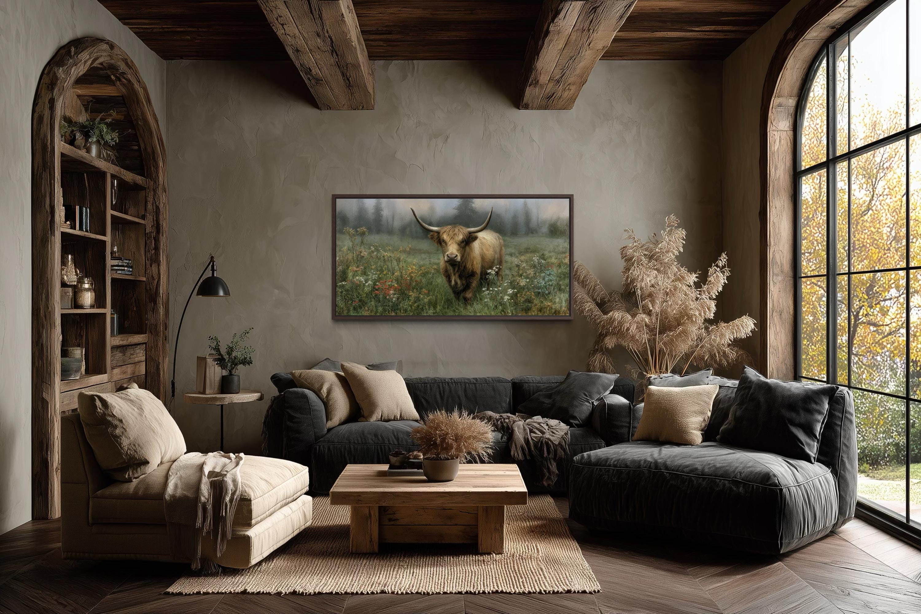 Rustic Highland Cow Art - Vintage Nature Painting on Stretched Canvas Print