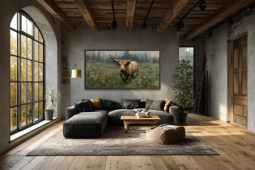 Rustic Highland Cow Art - Vintage Nature Painting on Stretched Canvas Print