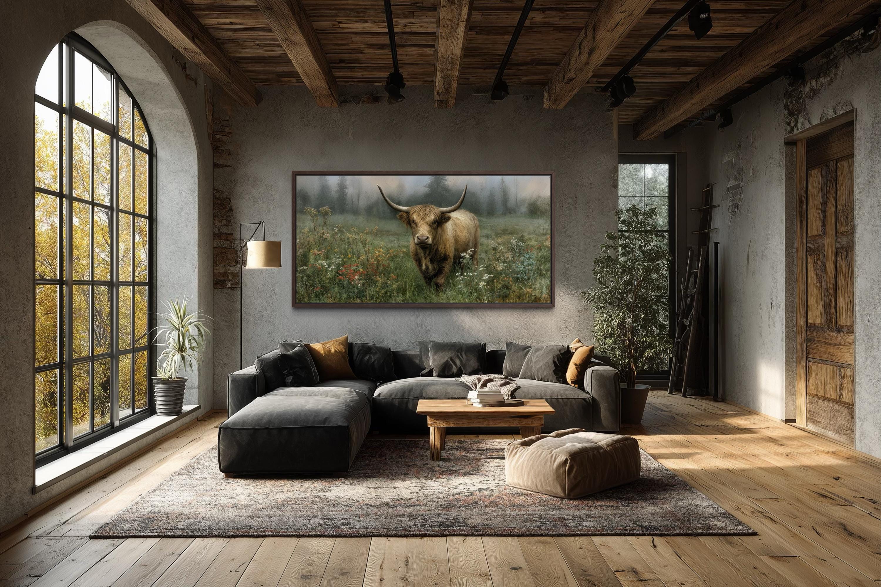 Rustic Highland Cow Art - Vintage Nature Painting on Stretched Canvas Print