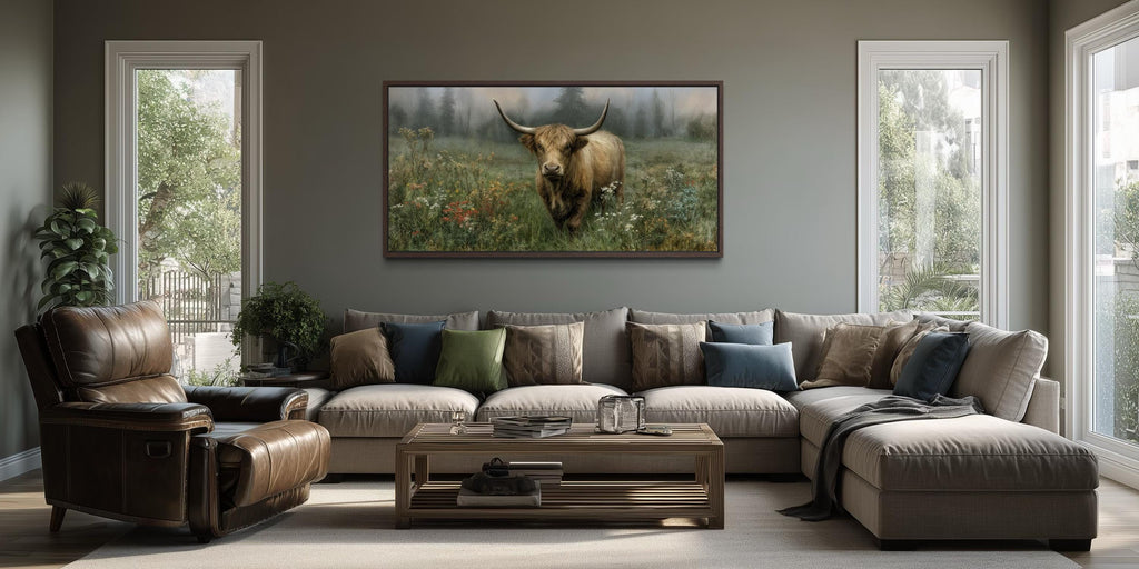 Rustic Highland Cow Art - Vintage Nature Painting on Stretched Canvas Print