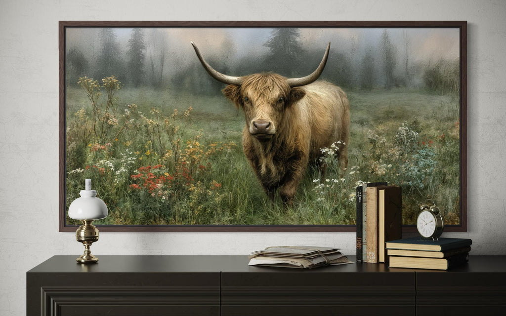 Rustic Highland Cow Art - Vintage Nature Painting on Stretched Canvas Print