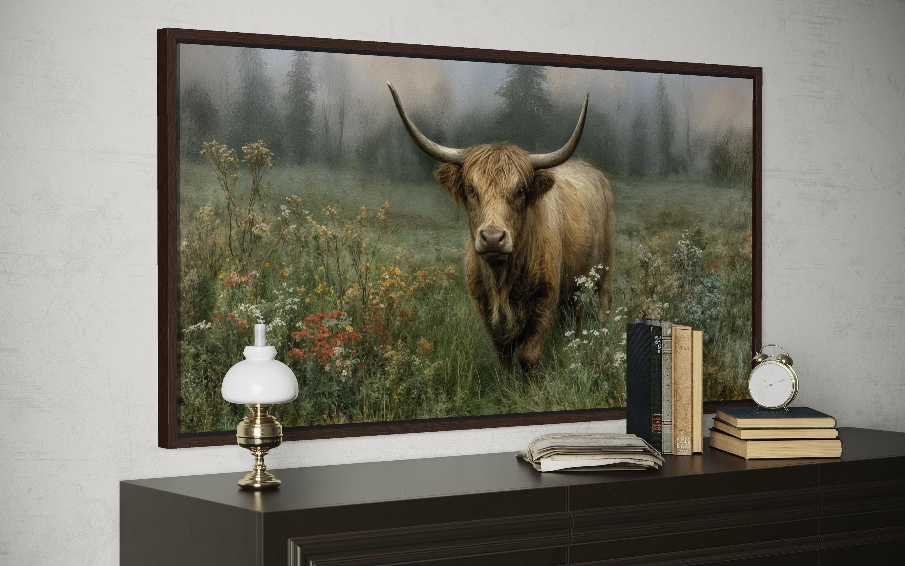 Rustic Highland Cow Art - Vintage Nature Painting on Stretched Canvas Print