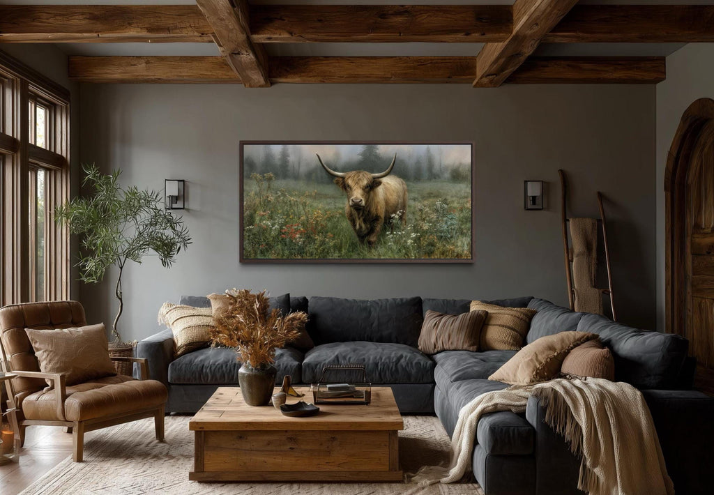 Rustic Highland Cow Art - Vintage Nature Painting on Stretched Canvas Print