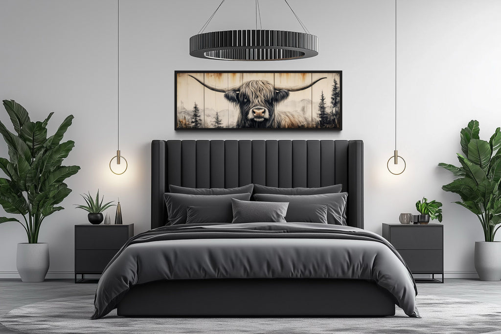 Rustic Highland Cow Painted On Wood Long Horizontal Framed Canvas Wall Art
