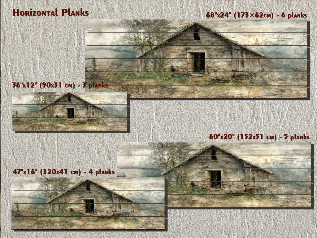 Rustic  Horizontal Narrow Barn Wood Wall Art - Distressed Farmhouse Landscape Print on Wood Panel
