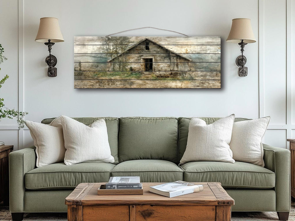 Rustic  Horizontal Narrow Barn Wood Wall Art - Distressed Farmhouse Landscape Print on Wood Panel