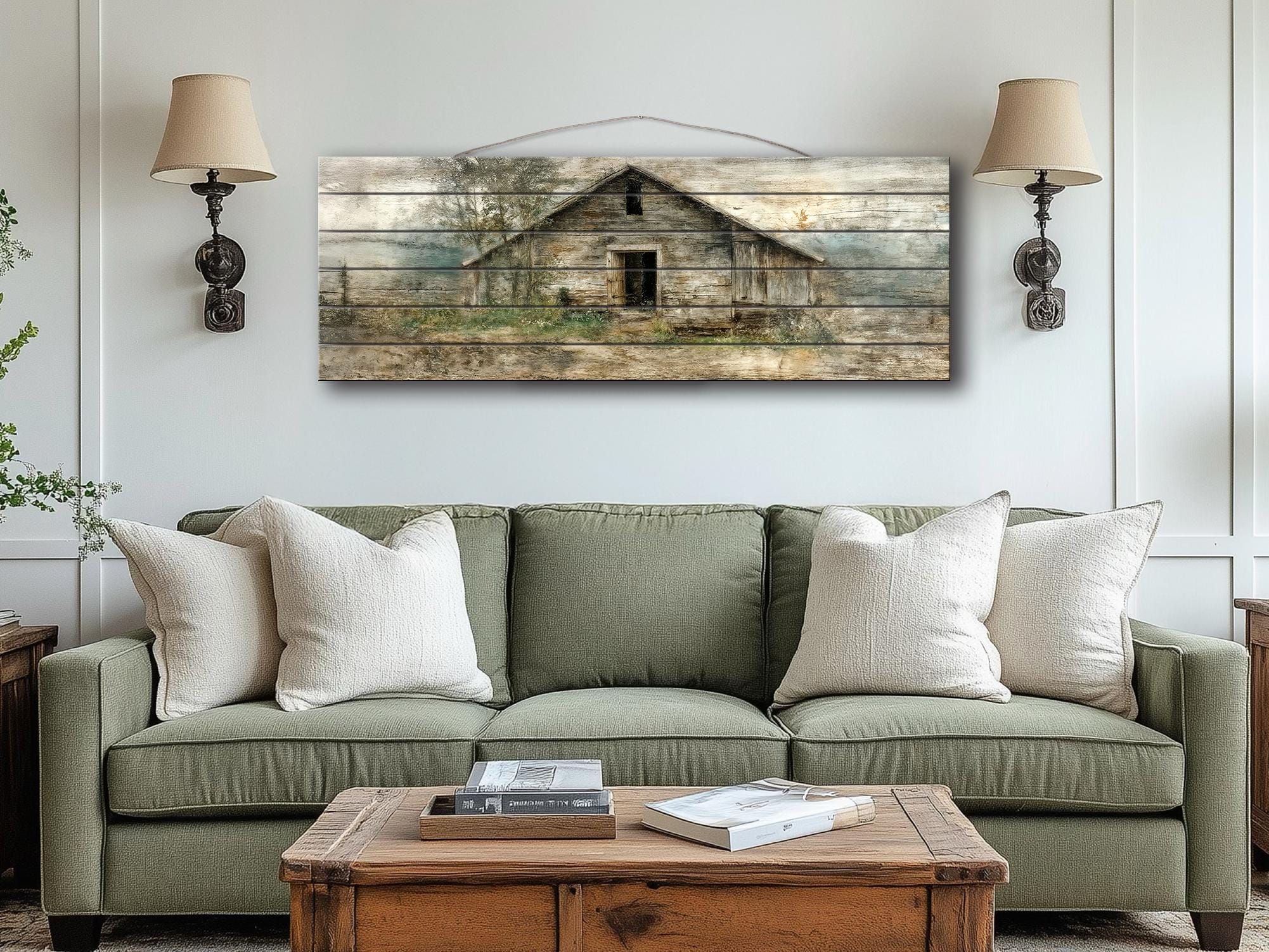 Rustic  Horizontal Narrow Barn Wood Wall Art - Distressed Farmhouse Landscape Print on Wood Panel