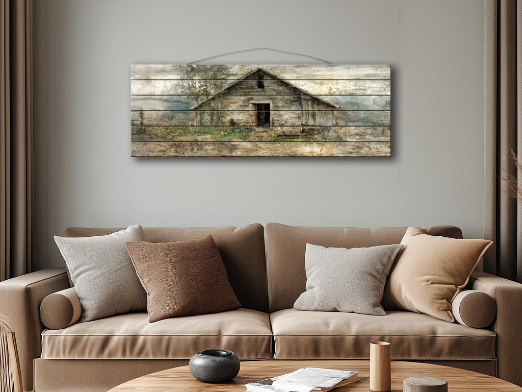 Rustic  Horizontal Narrow Barn Wood Wall Art - Distressed Farmhouse Landscape Print on Wood Panel
