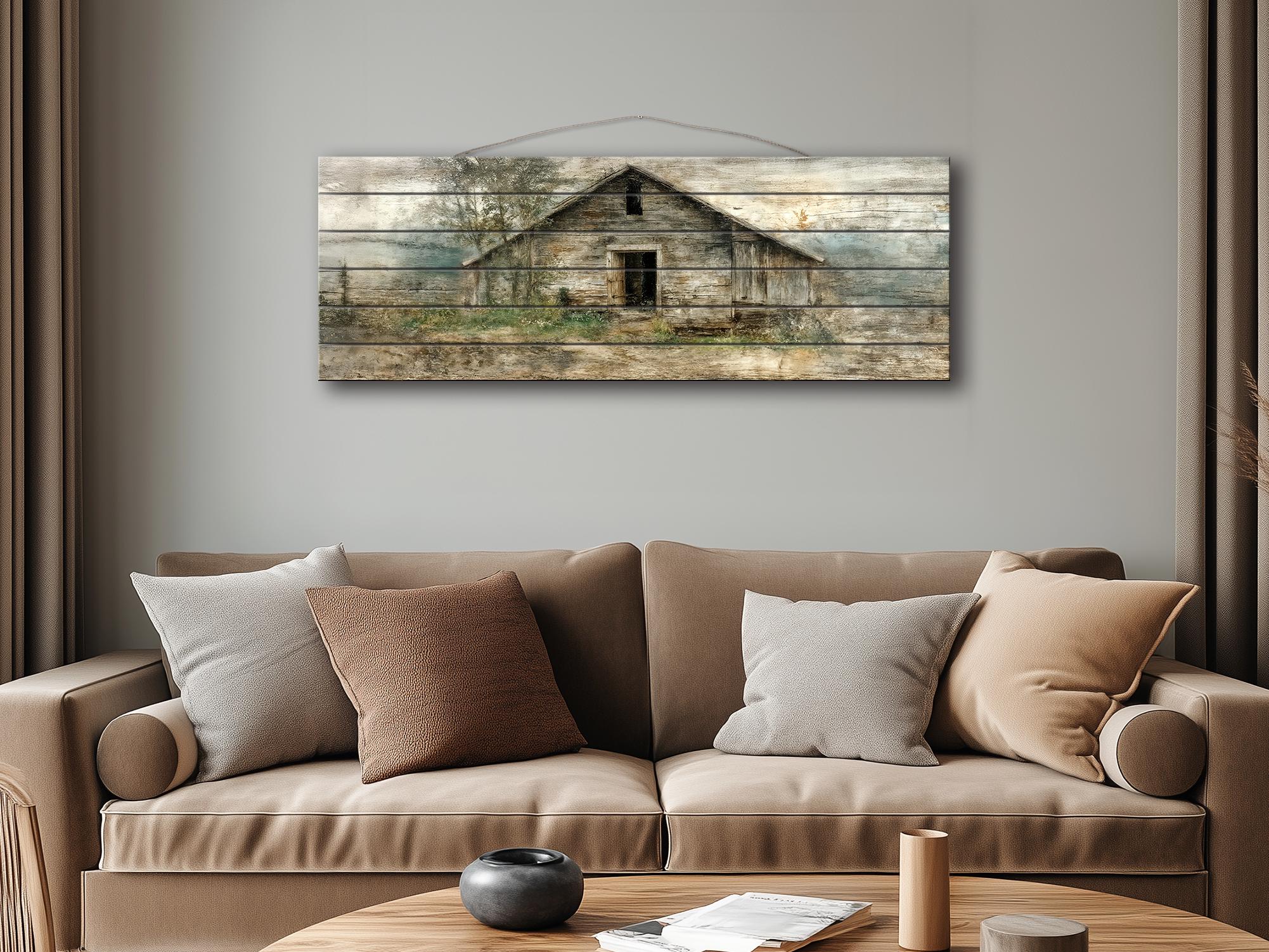 Rustic  Horizontal Narrow Barn Wood Wall Art - Distressed Farmhouse Landscape Print on Wood Panel