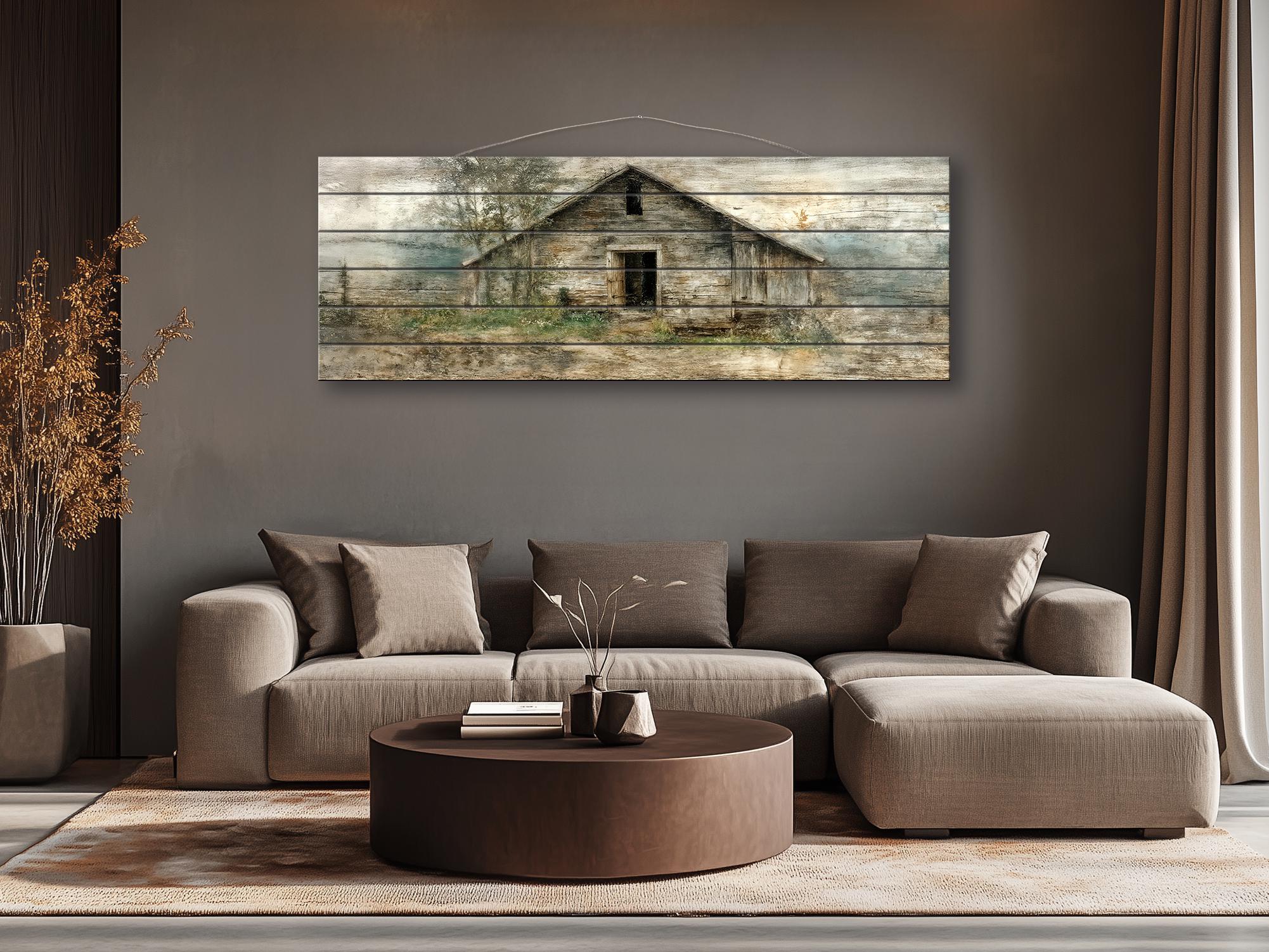 Rustic  Horizontal Narrow Barn Wood Wall Art - Distressed Farmhouse Landscape Print on Wood Panel