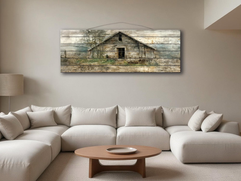 Rustic  Horizontal Narrow Barn Wood Wall Art - Distressed Farmhouse Landscape Print on Wood Panel