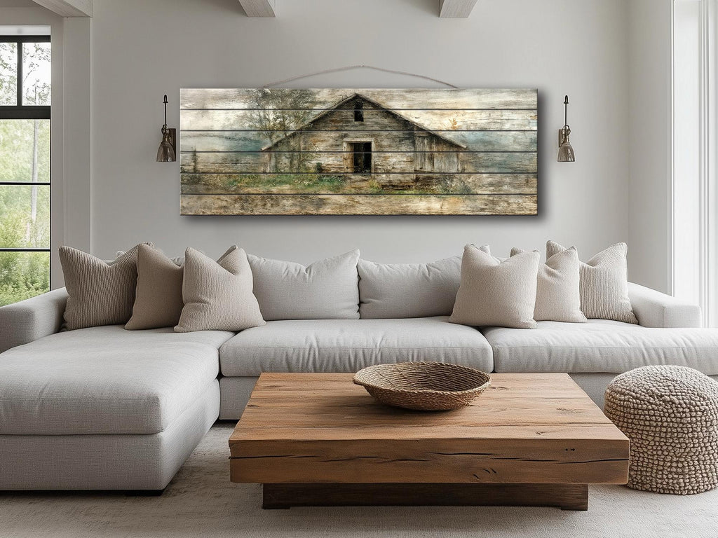 Rustic  Horizontal Narrow Barn Wood Wall Art - Distressed Farmhouse Landscape Print on Wood Panel