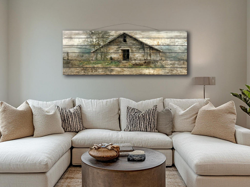 Rustic  Horizontal Narrow Barn Wood Wall Art - Distressed Farmhouse Landscape Print on Wood Panel