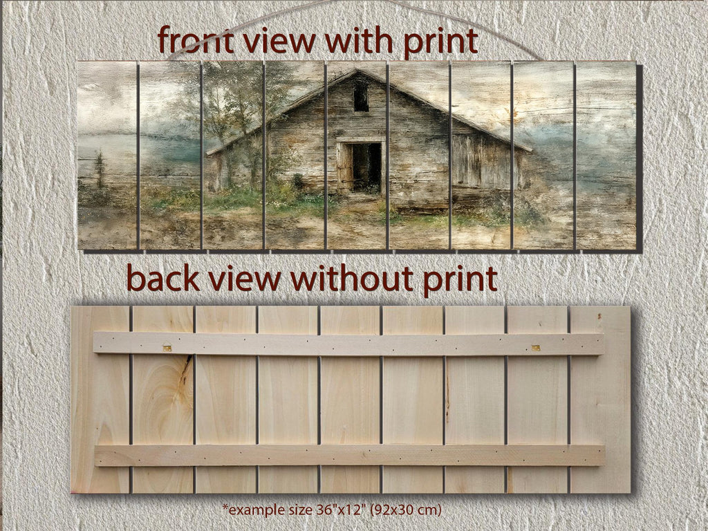 Rustic  Horizontal Narrow Barn Wood Wall Art - Distressed Farmhouse Landscape Print on Wood Panel