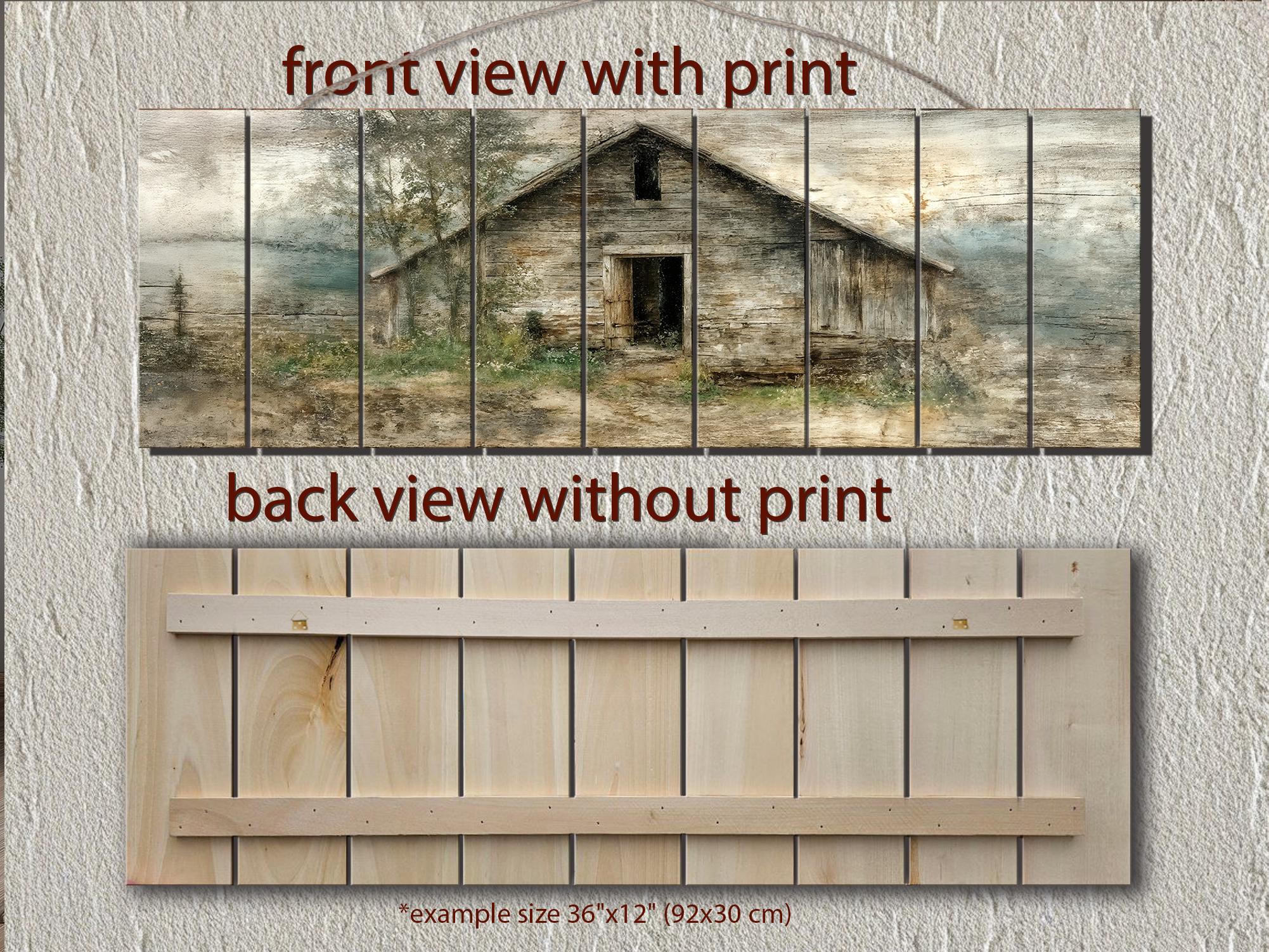 Rustic  Horizontal Narrow Barn Wood Wall Art - Distressed Farmhouse Landscape Print on Wood Panel