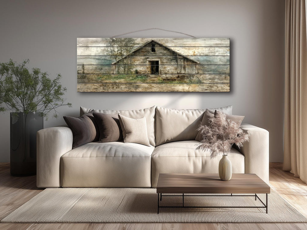 Rustic  Horizontal Narrow Barn Wood Wall Art - Distressed Farmhouse Landscape Print on Wood Panel