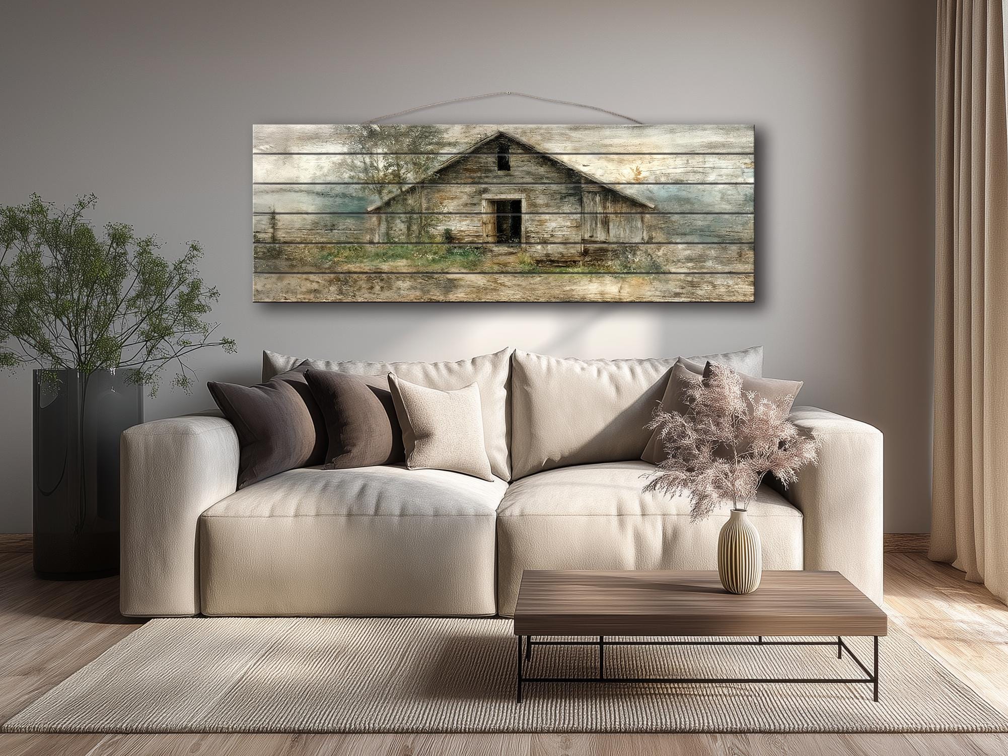 Rustic  Horizontal Narrow Barn Wood Wall Art - Distressed Farmhouse Landscape Print on Wood Panel