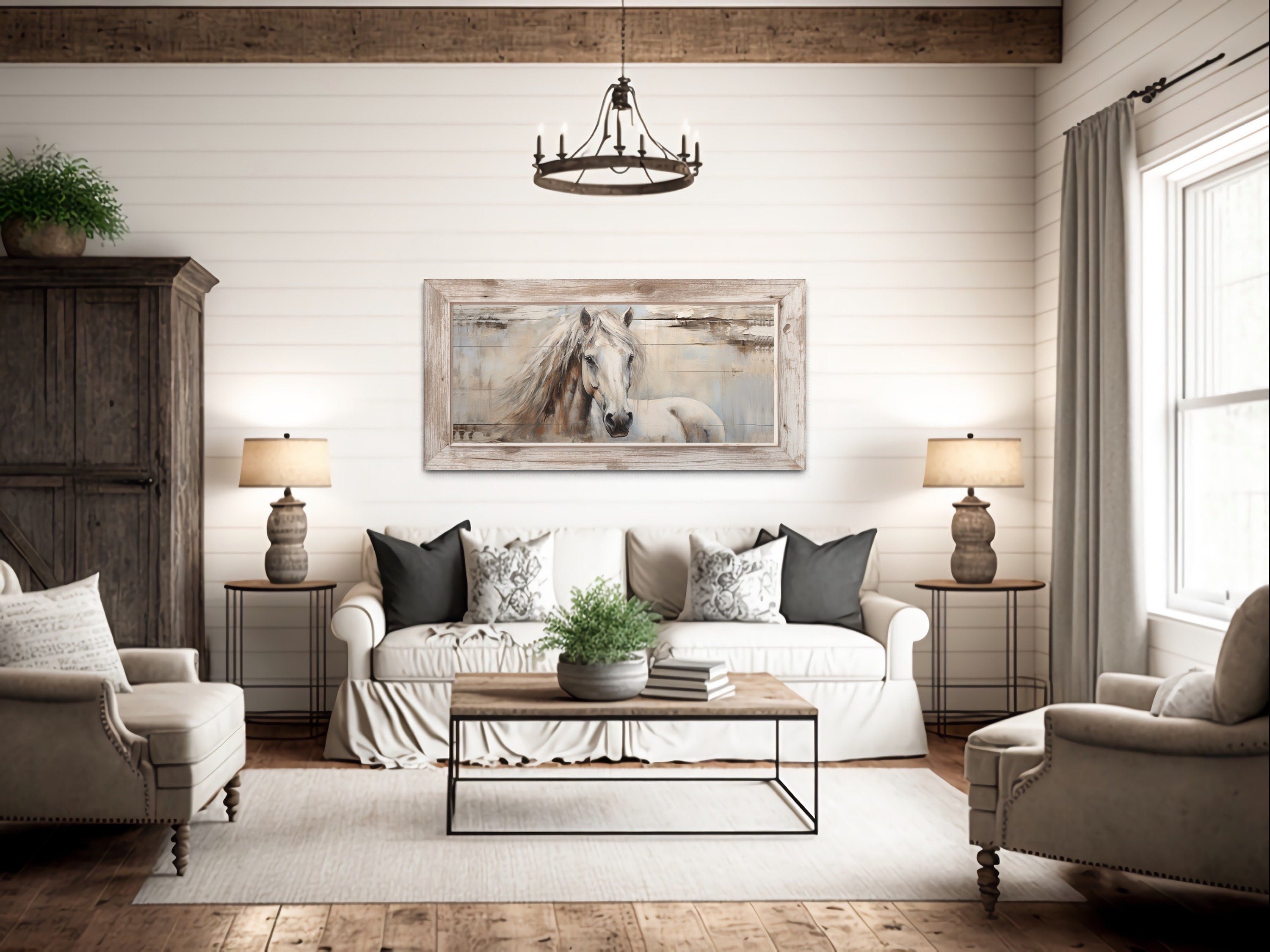 Rustic Horse Wall Art – Farmhouse Wall Decor | Distressed Wood Canvas Print