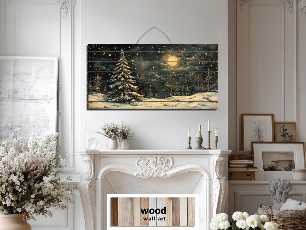 Rustic Moonlit Snowy Forest Winter Christmas Distressed Wood Wall Art