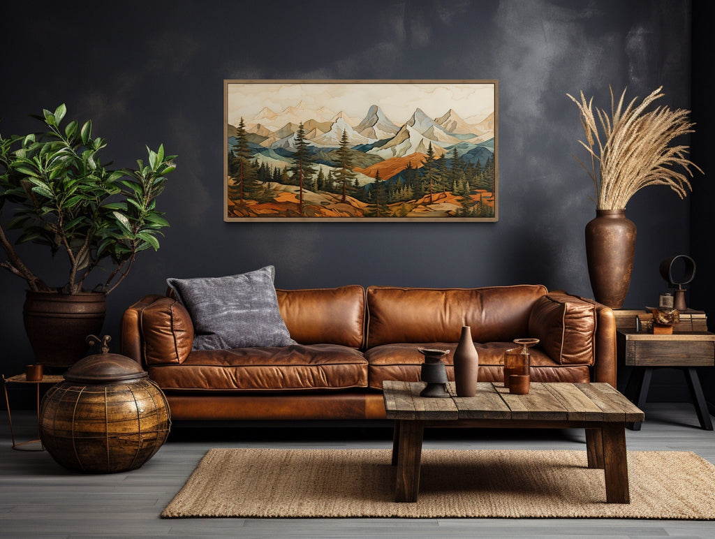 Rustic Mountain Wall Art - Layered Wood Panel Painting for Cabin Decor