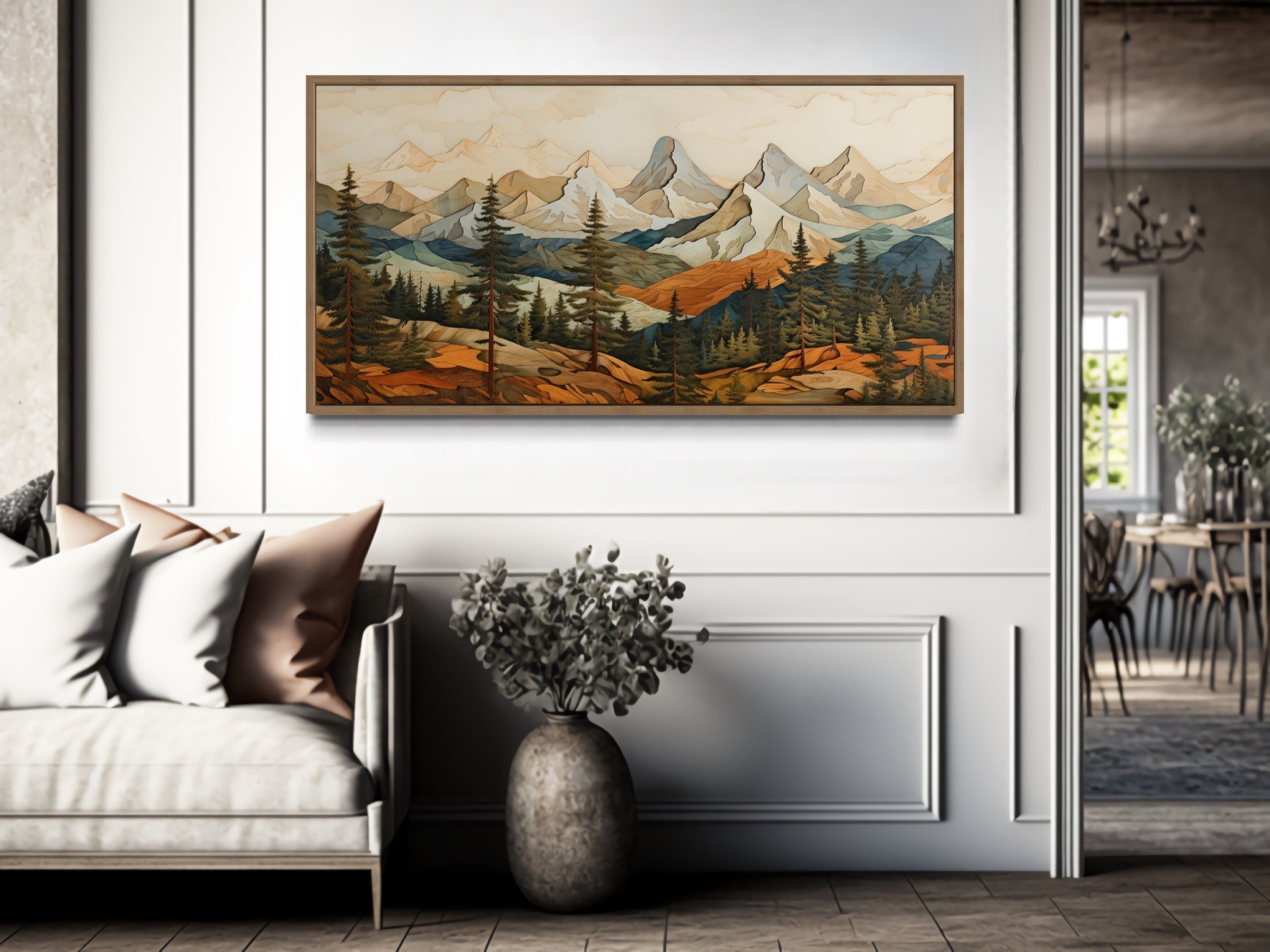 Rustic Mountain Wall Art - Layered Wood Panel Painting for Cabin Decor
