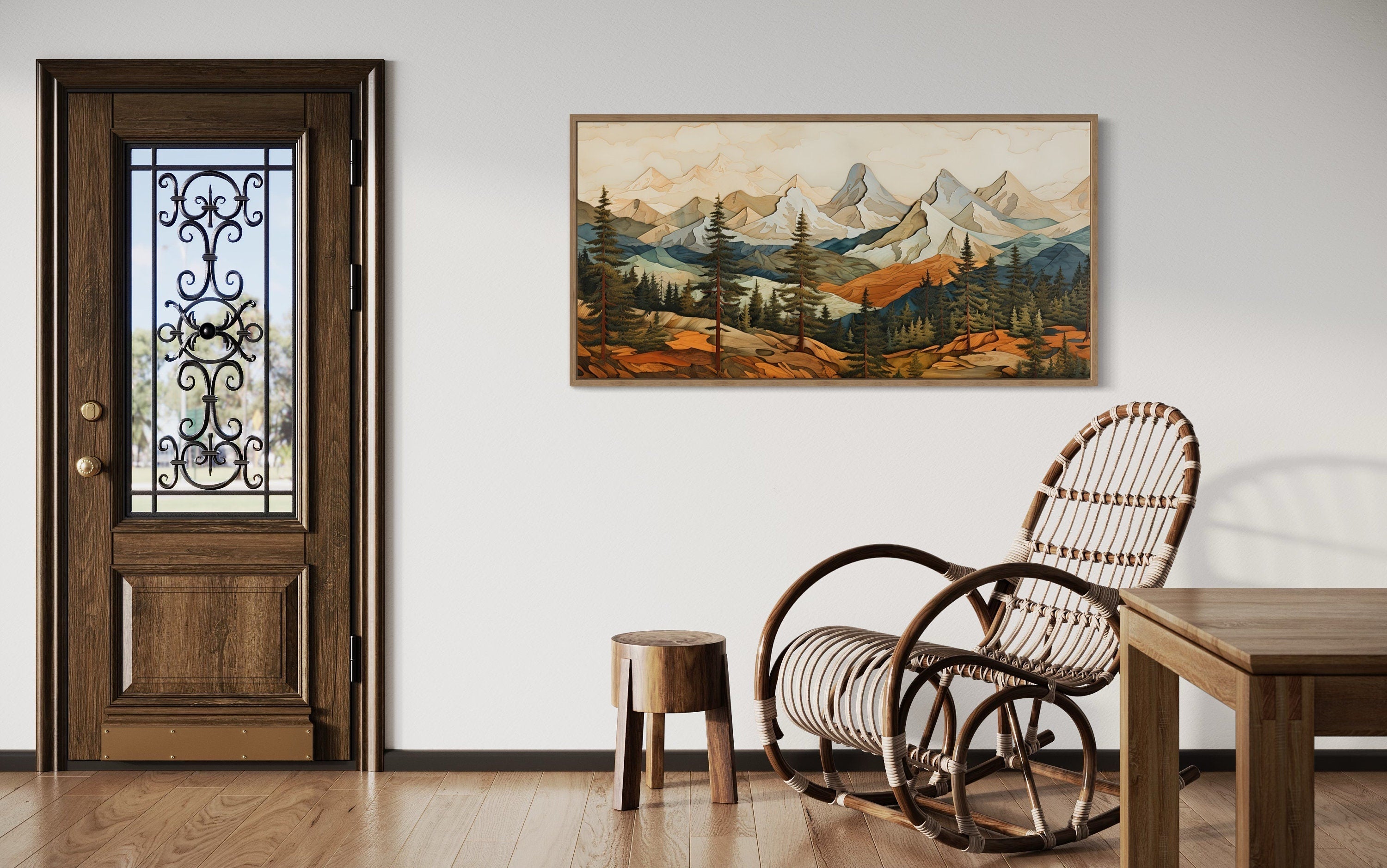Rustic Mountain Wall Art - Layered Wood Panel Painting for Cabin Decor