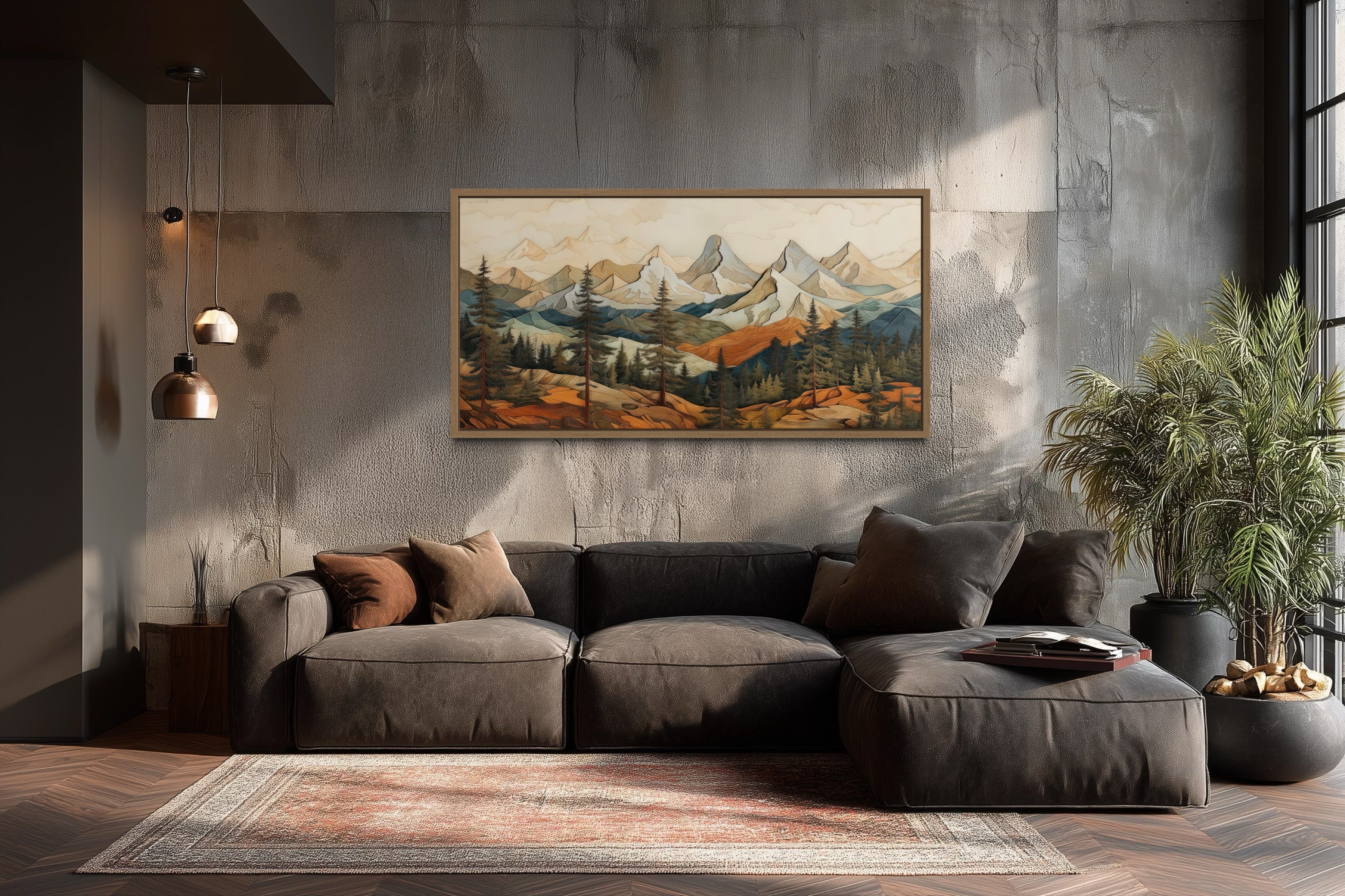 Rustic Mountain Wall Art - Layered Wood Panel Painting for Cabin Decor