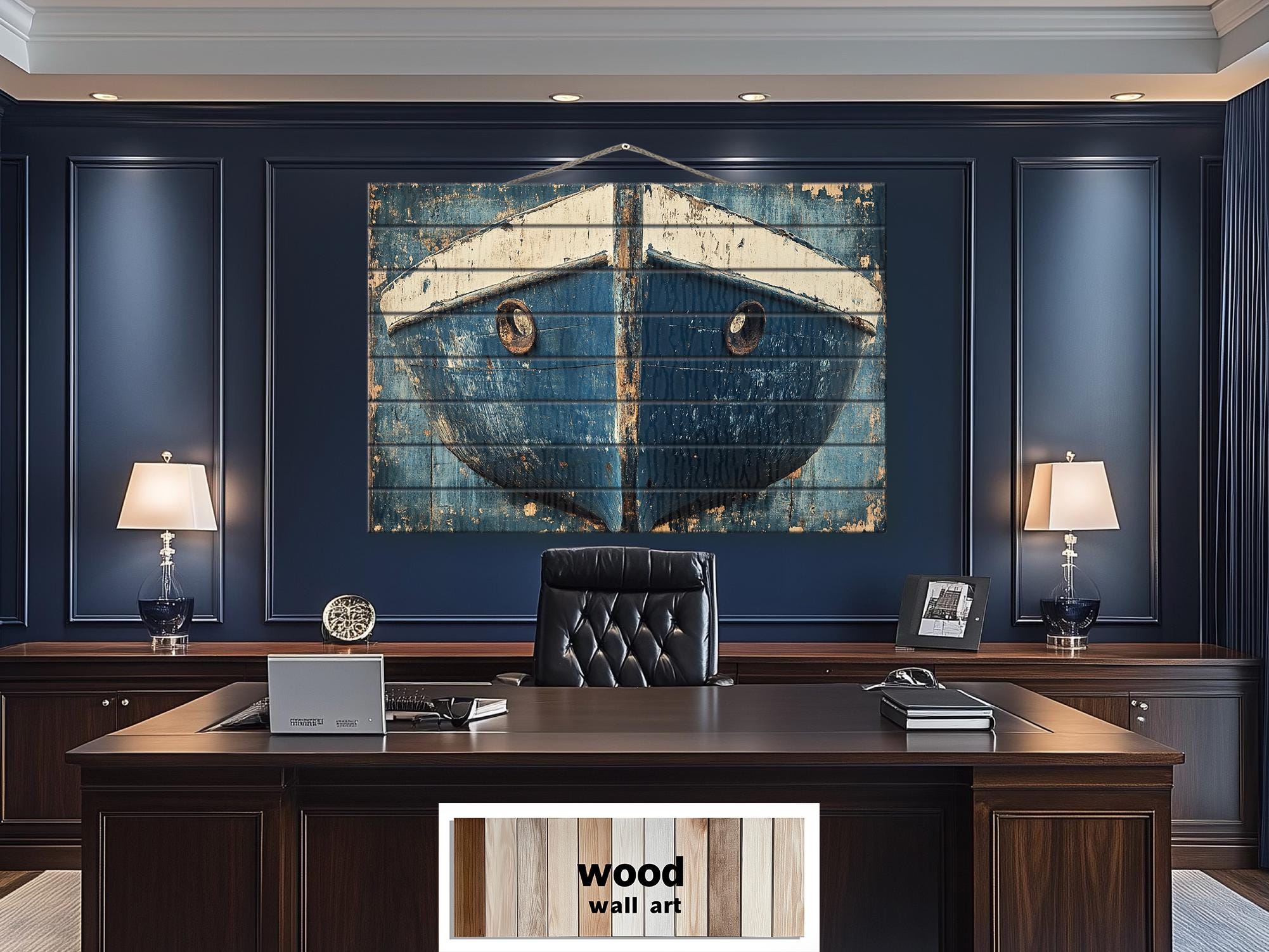 Rustic Navy Blue Boat Bow Wood Sign Printed on Real Wood Nautical Wall Art