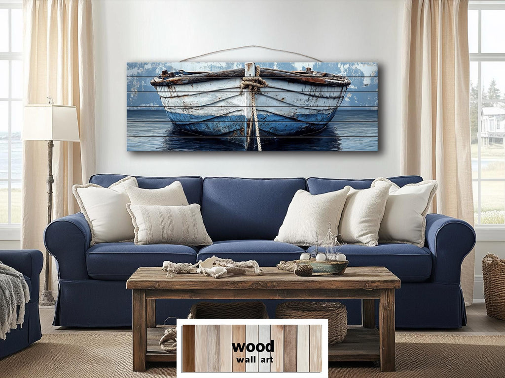 Rustic Old Blue Boat Long Narrow Real Wood Wall Art