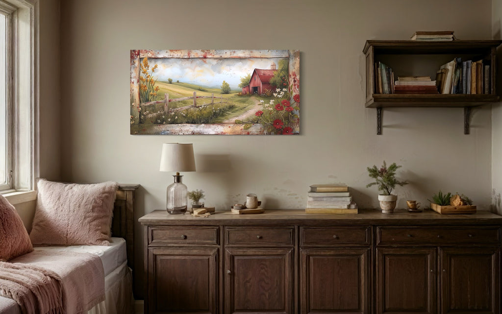 Rustic Old Red Barn In The Farm Field Framed Canvas Wall Art