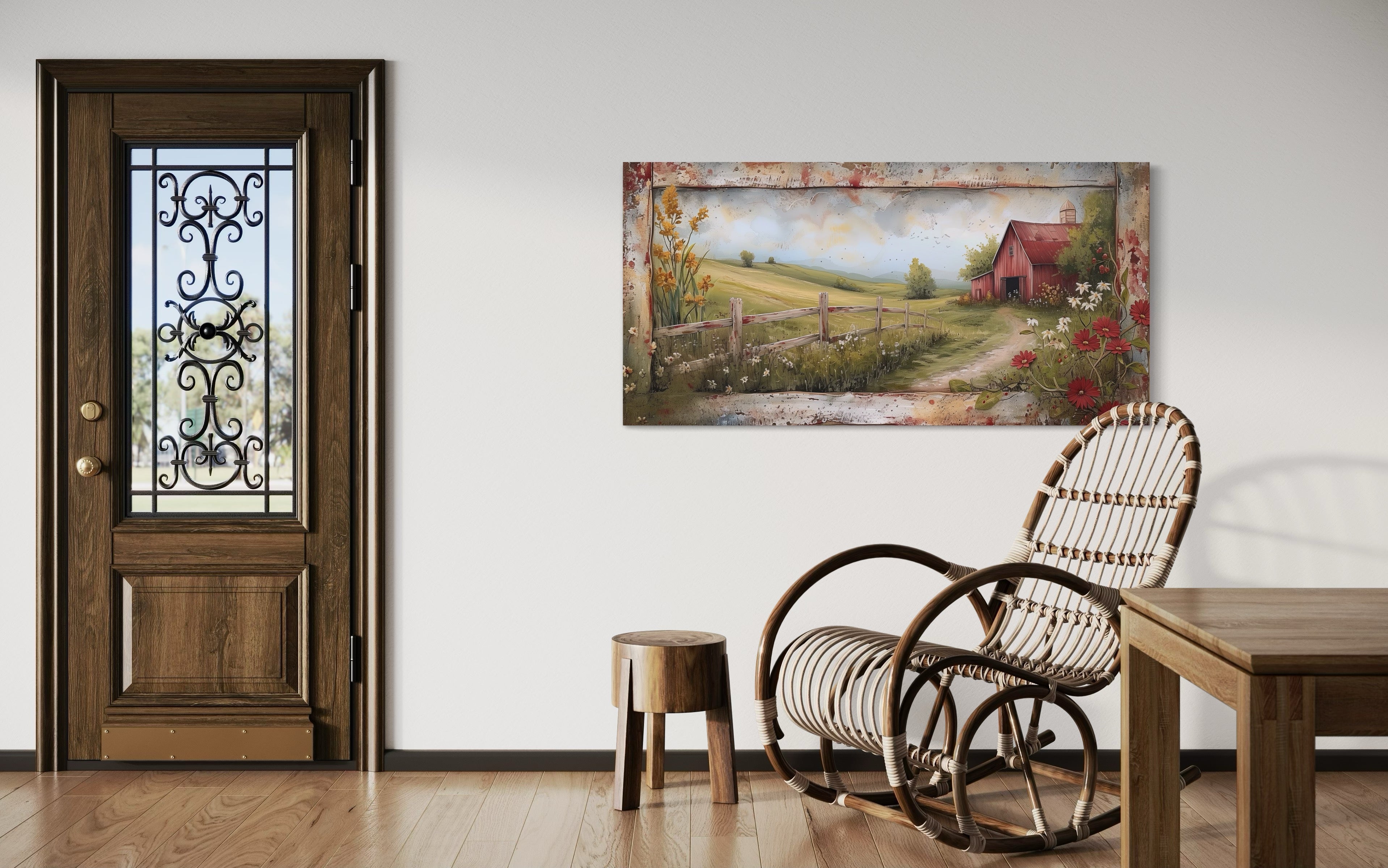 Rustic Old Red Barn In The Farm Field Framed Canvas Wall Art
