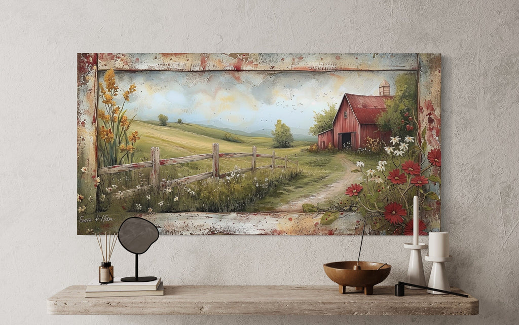 Rustic Old Red Barn In The Farm Field Framed Canvas Wall Art