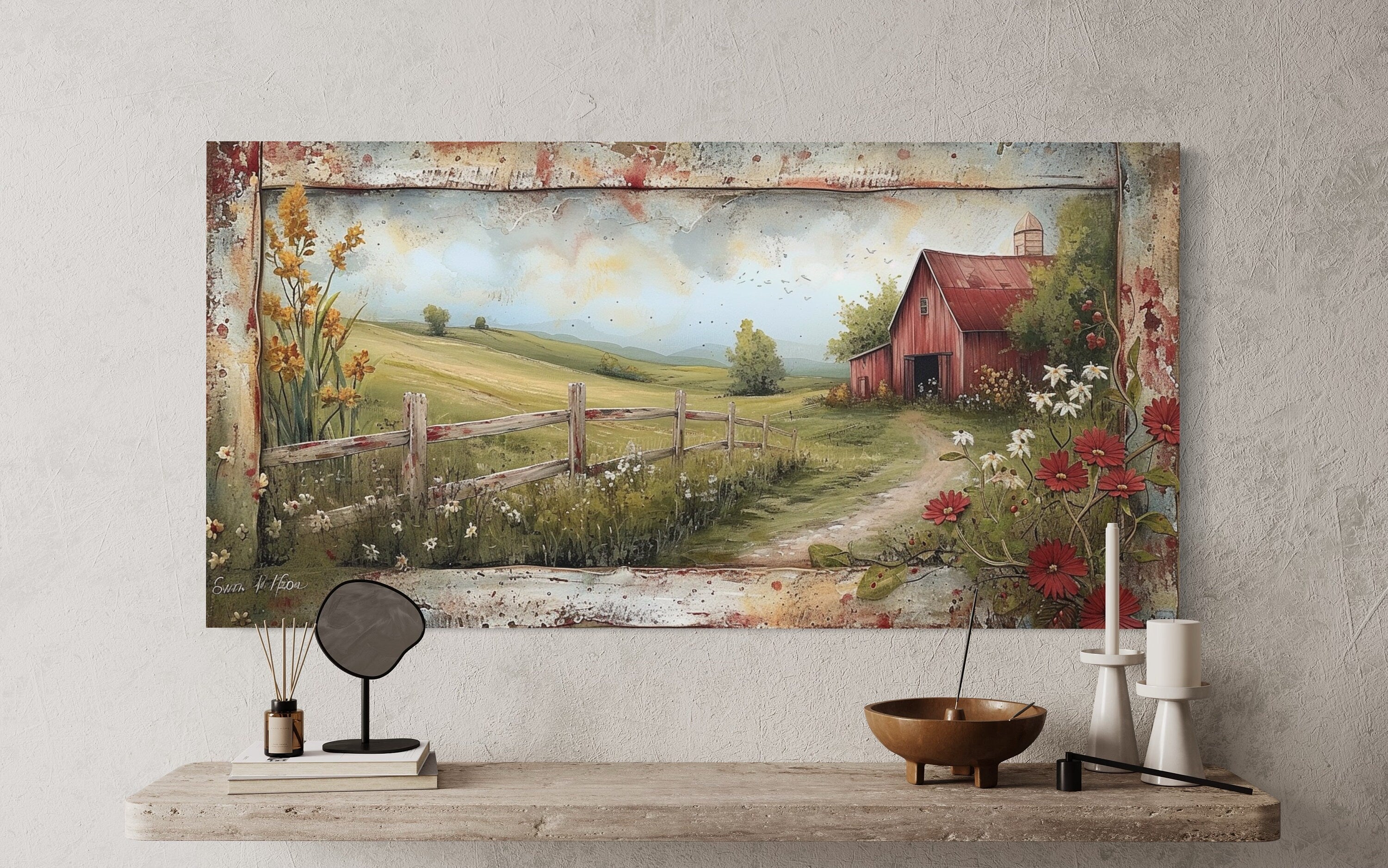 Rustic Old Red Barn In The Farm Field Framed Canvas Wall Art