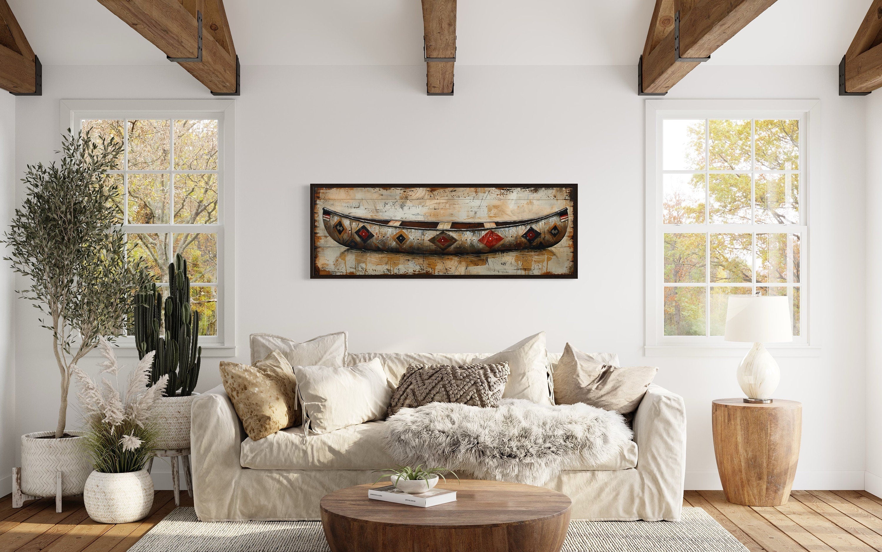 Rustic Old Wooden Canoe Painting On Wood Framed Canvas Wall Art