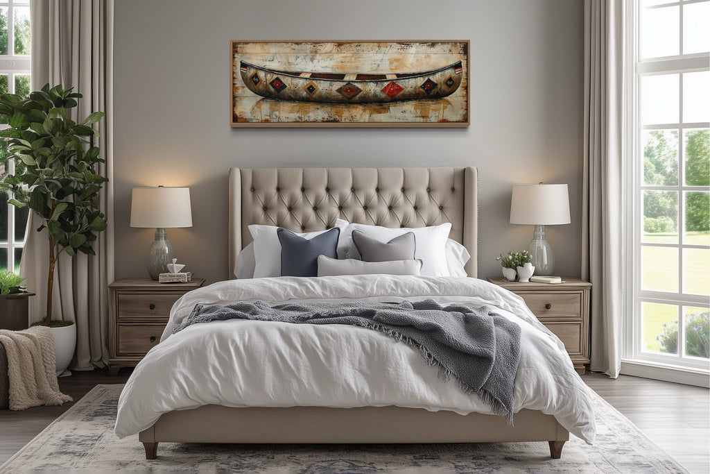 Rustic Old Wooden Canoe Painting On Wood Framed Canvas Wall Art