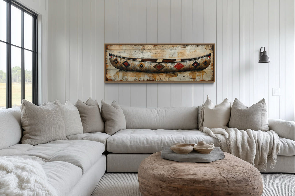 Rustic Old Wooden Canoe Painting On Wood Framed Canvas Wall Art
