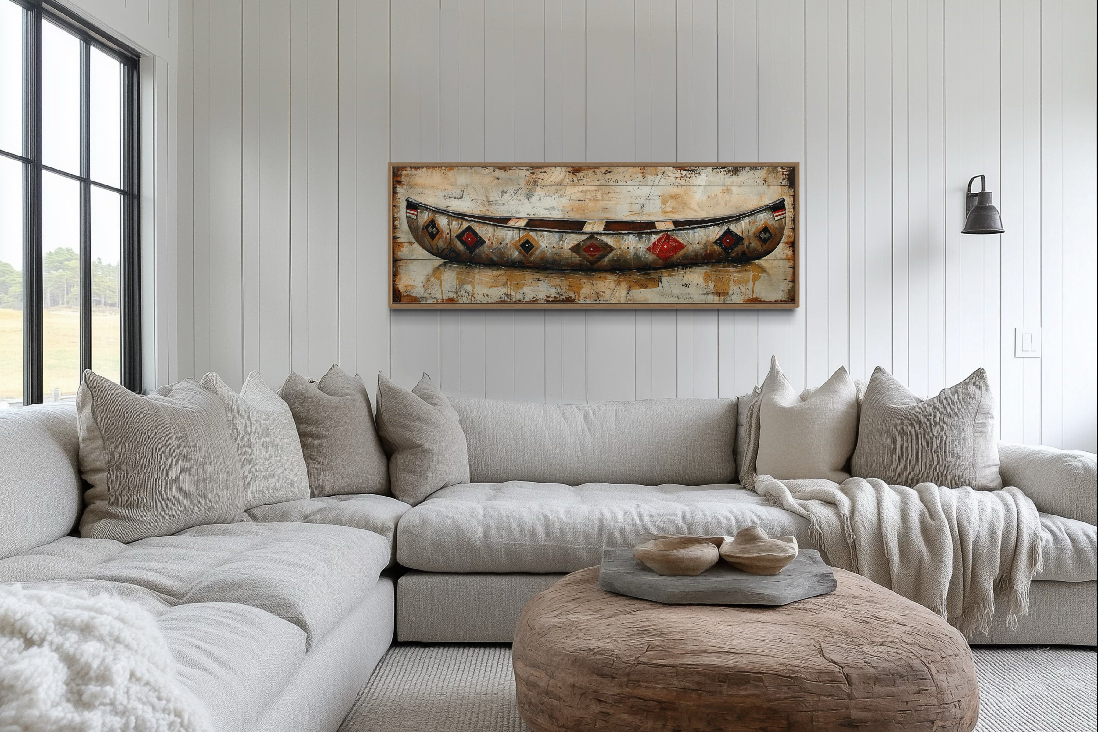 Rustic Old Wooden Canoe Painting On Wood Framed Canvas Wall Art