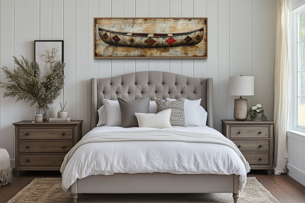 Rustic Old Wooden Canoe Painting On Wood Framed Canvas Wall Art