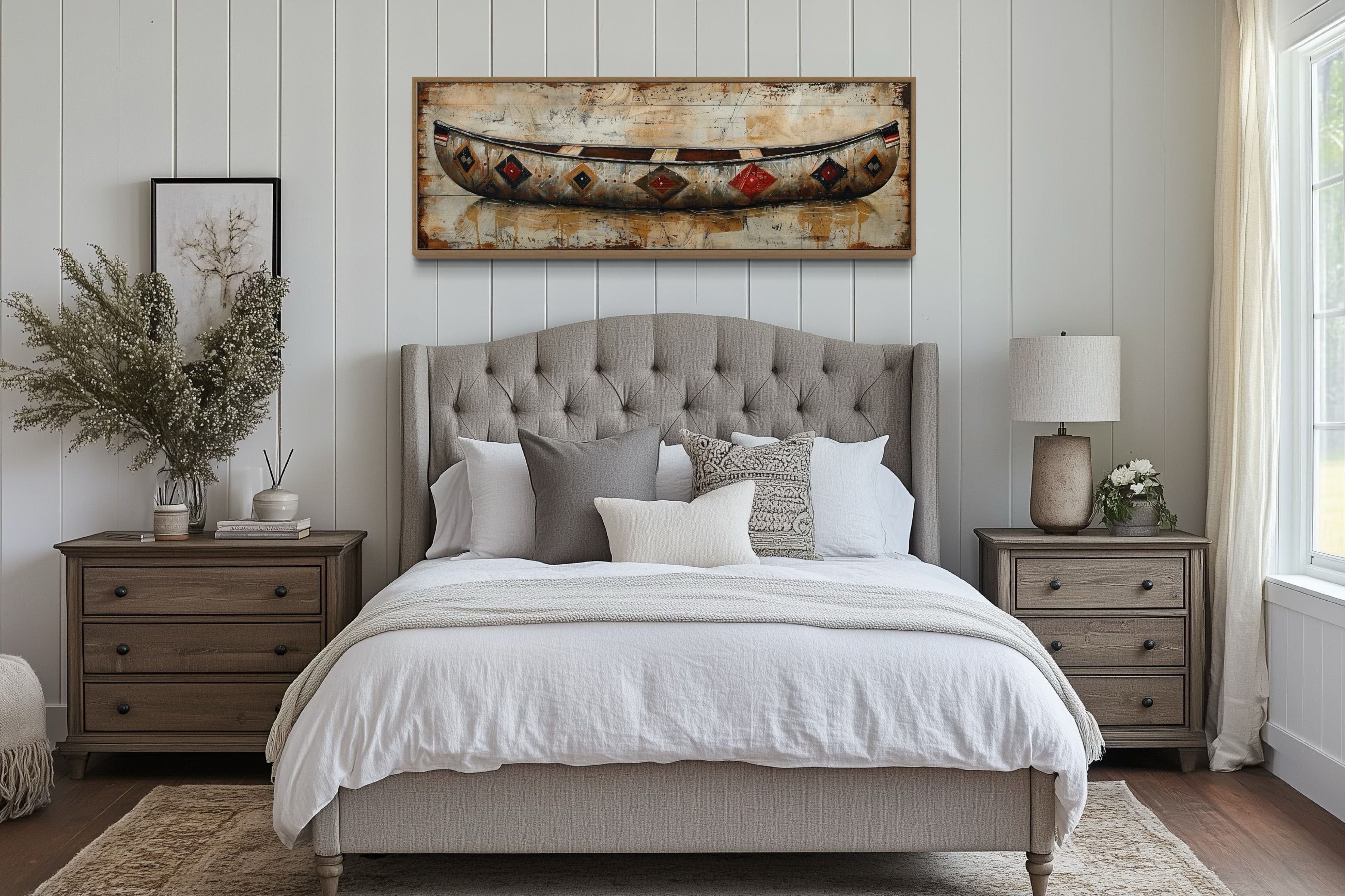 Rustic Old Wooden Canoe Painting On Wood Framed Canvas Wall Art