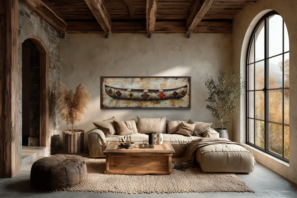 Rustic Old Wooden Canoe Painting On Wood Framed Canvas Wall Art