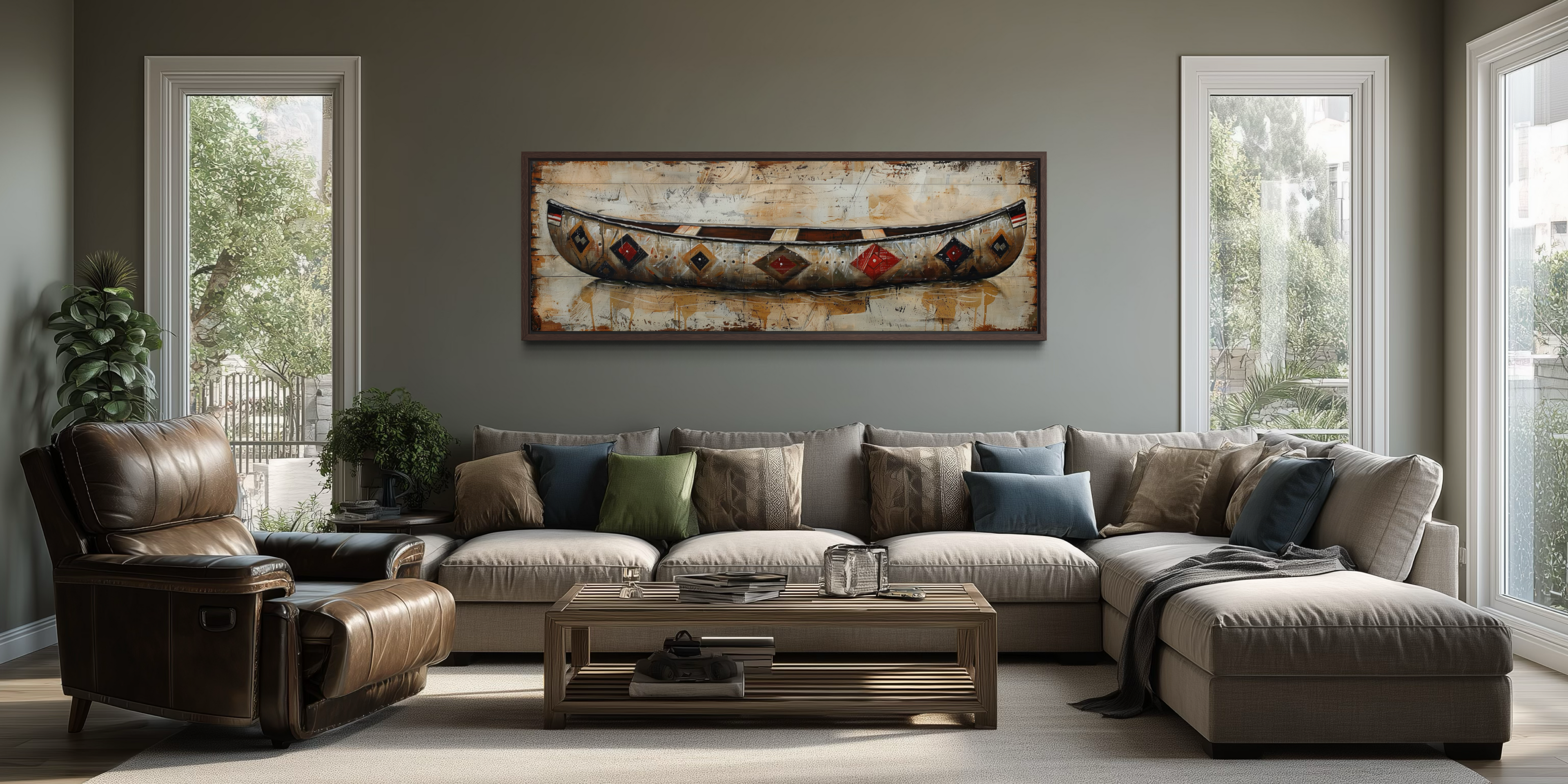 Rustic Old Wooden Canoe Painting On Wood Framed Canvas Wall Art