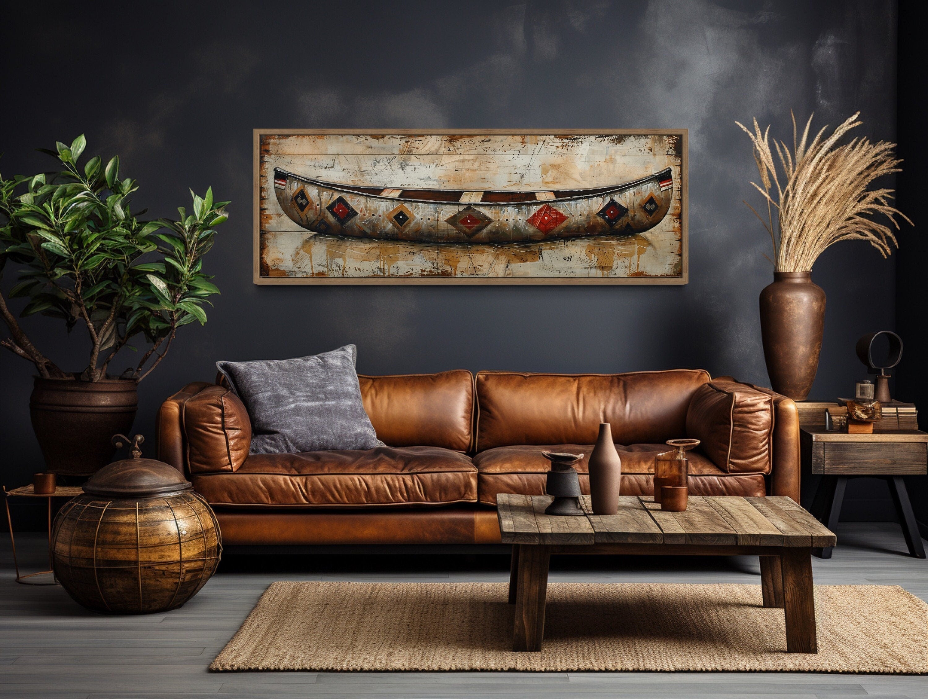 Rustic Old Wooden Canoe Painting On Wood Framed Canvas Wall Art