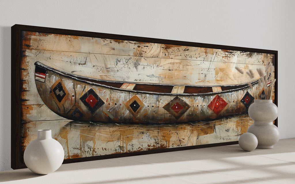 Rustic Old Wooden Canoe Painting On Wood Framed Canvas Wall Art