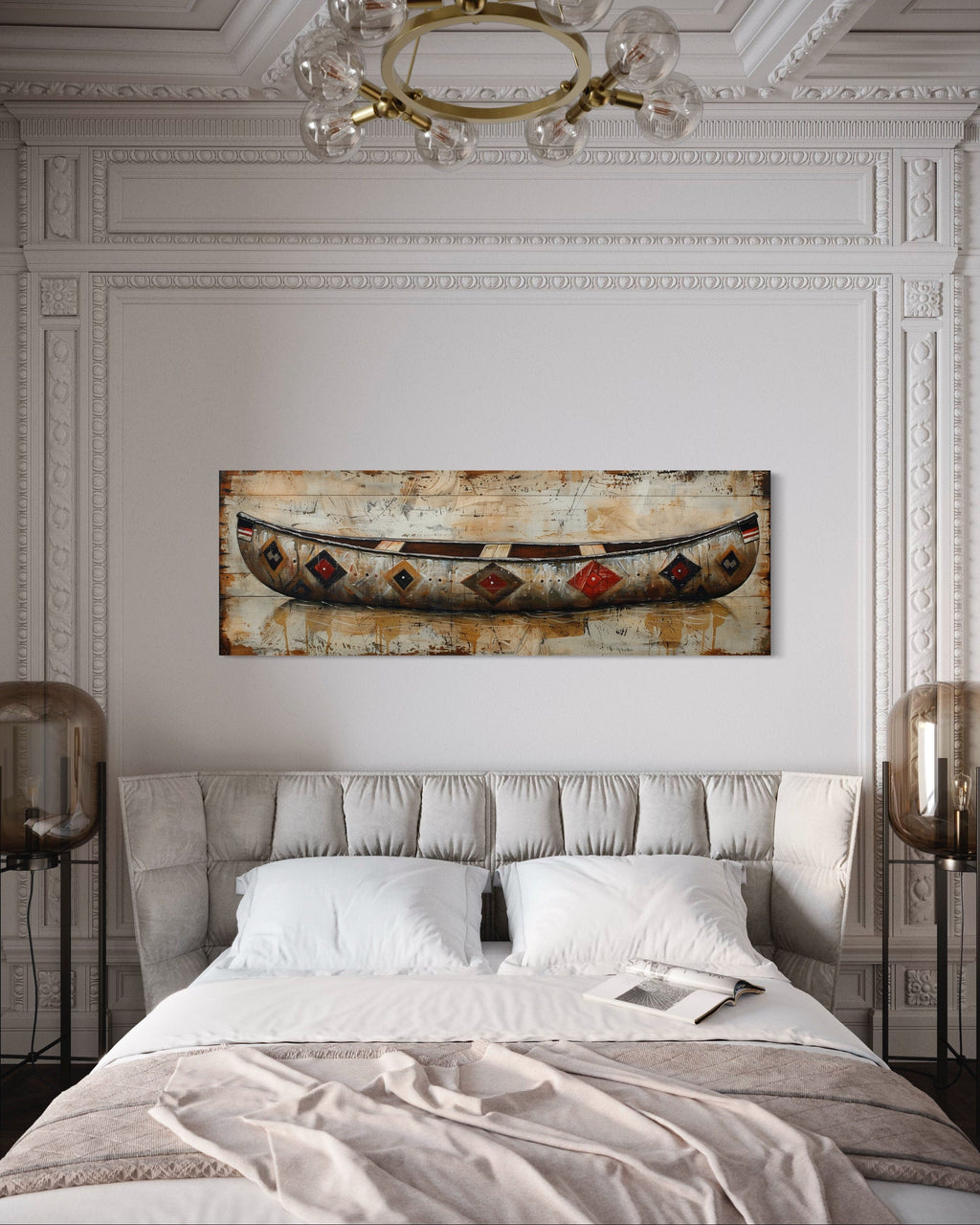 Rustic Old Wooden Canoe Painting On Wood Framed Canvas Wall Art