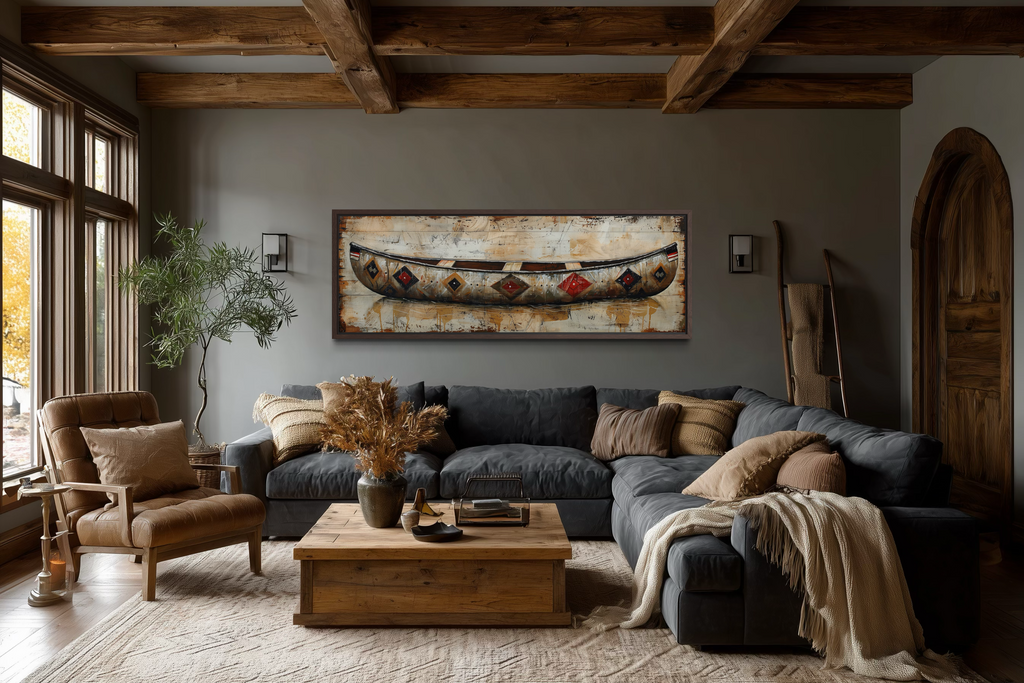 Rustic Old Wooden Canoe Painting On Wood Framed Canvas Wall Art