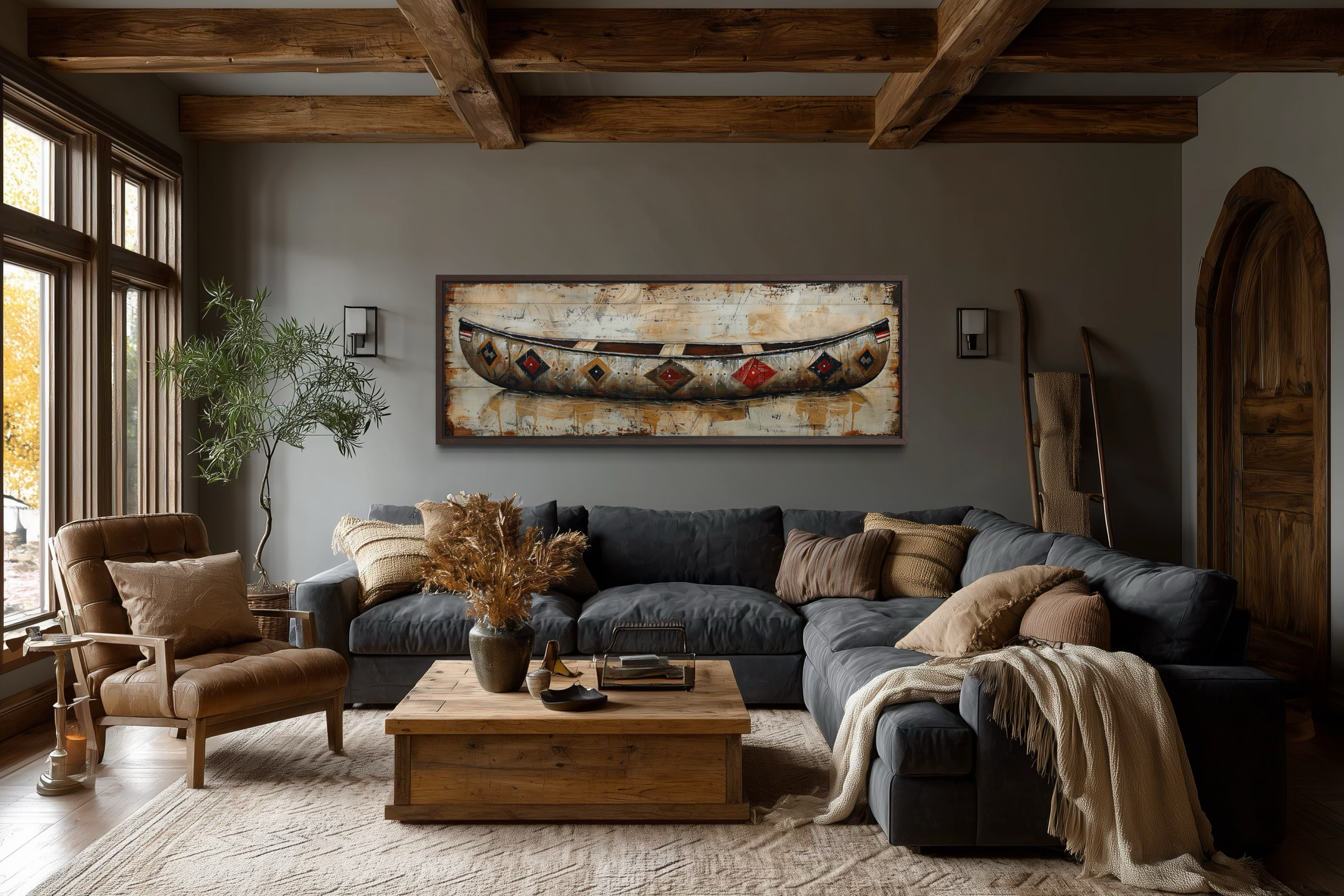 Rustic Old Wooden Canoe Painting On Wood Framed Canvas Wall Art