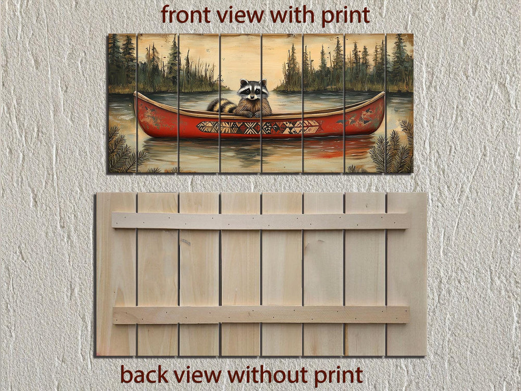 Rustic Raccoon in Canoe Distressed Wood Wall Art