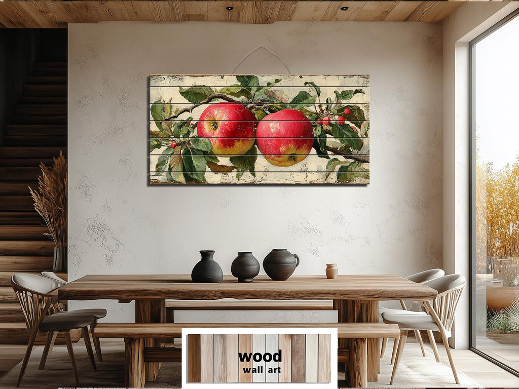 Rustic Red Apples on Branch Distressed Wood Wall Art
