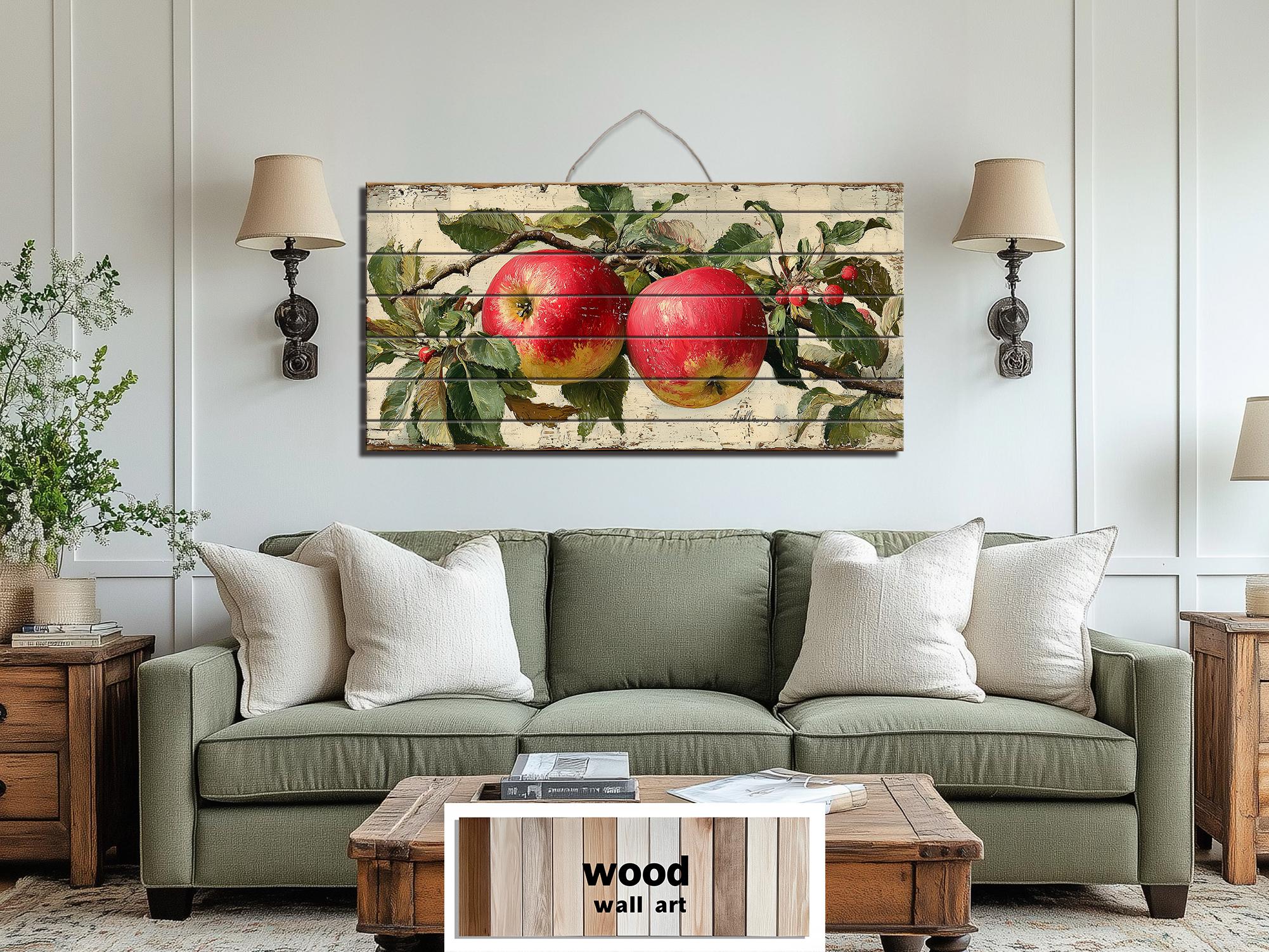 Rustic Red Apples on Branch Distressed Wood Wall Art